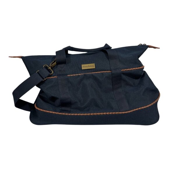 Tommy Bahama Navy Canvas Travel Duffel Bag Convertible Tote Brown Leather Trim